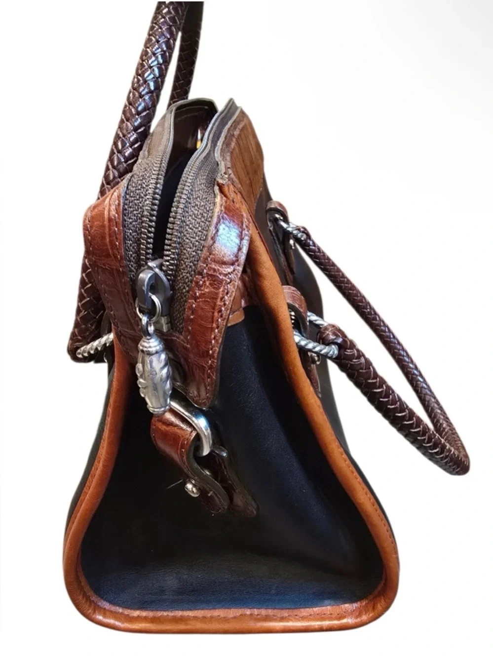 Vintage Brighton Black & Brown Leather Croc Trim Satchel with Heart Accent